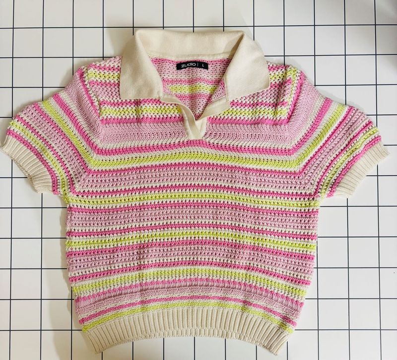 Striped Crochet Polo Top