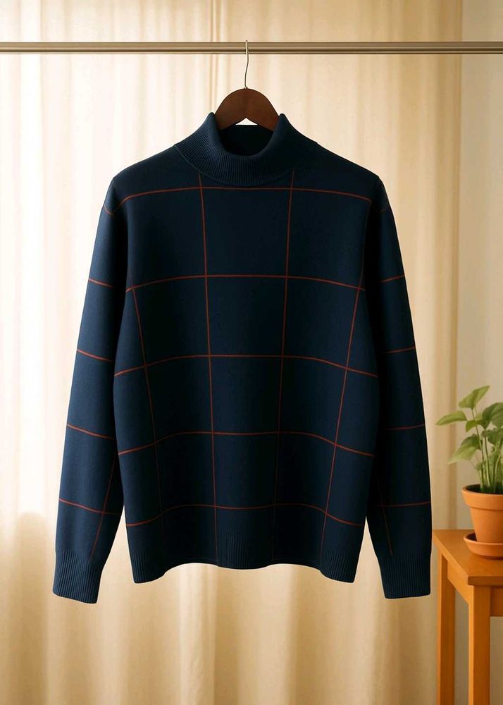 Navy Plaid Turtleneck Sweater-Brand New