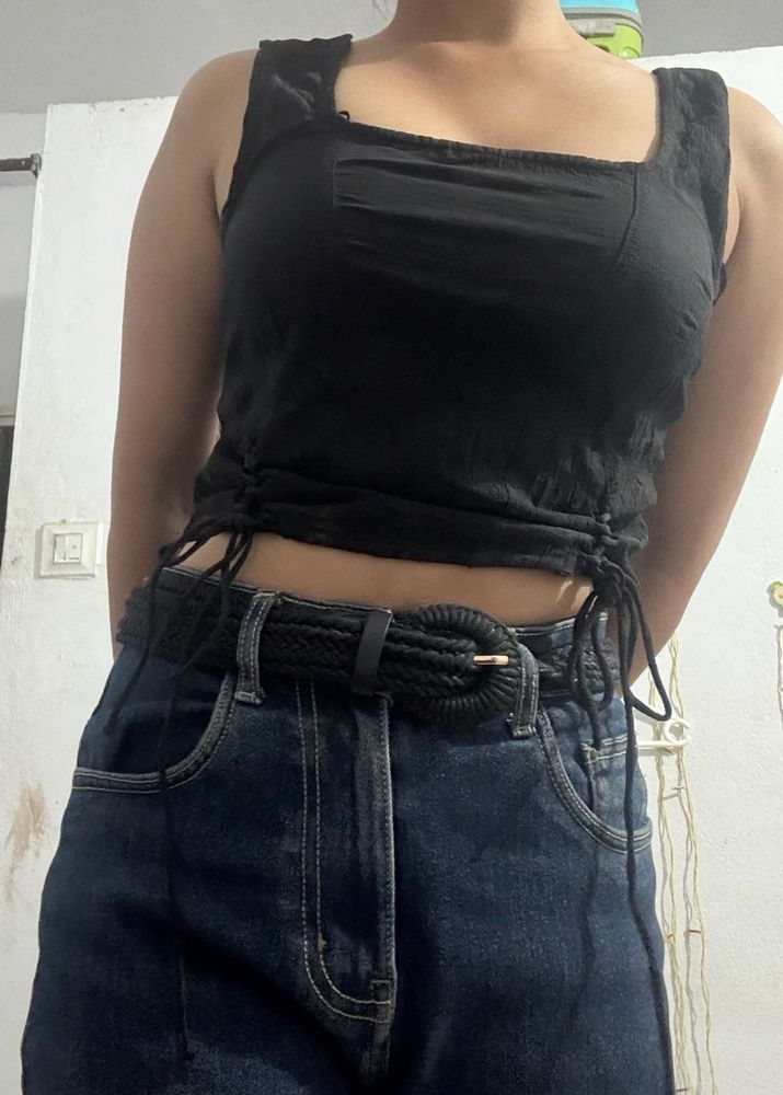 Black Sleeveless Top with drawstrings