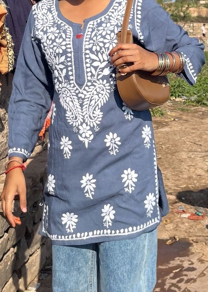 Real chickenkari Blue Embroidered Kurti Top