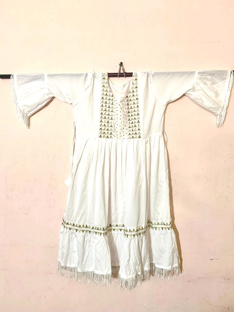 Brand New, White Cotton Frock With Beautiful Simple Design In The Front