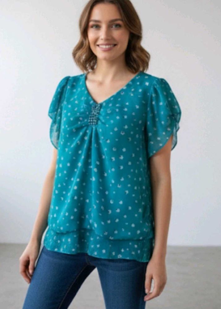 Aqua Polka Dot Flutter Sleeve Top