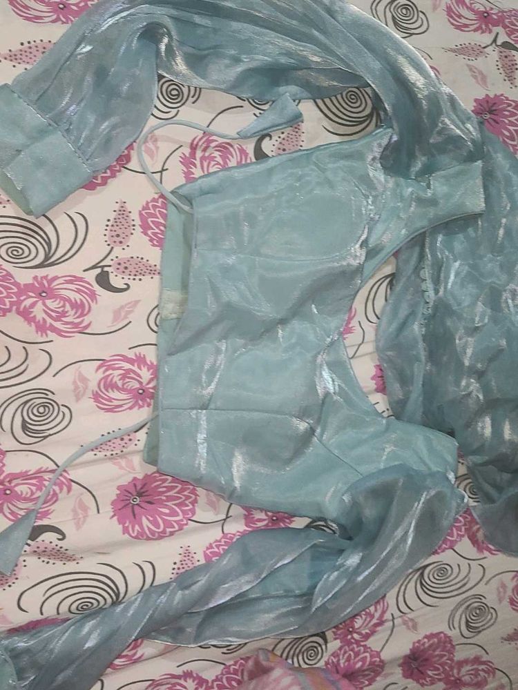 Aqua Blue  pre draped Sari Blouse and Fabric