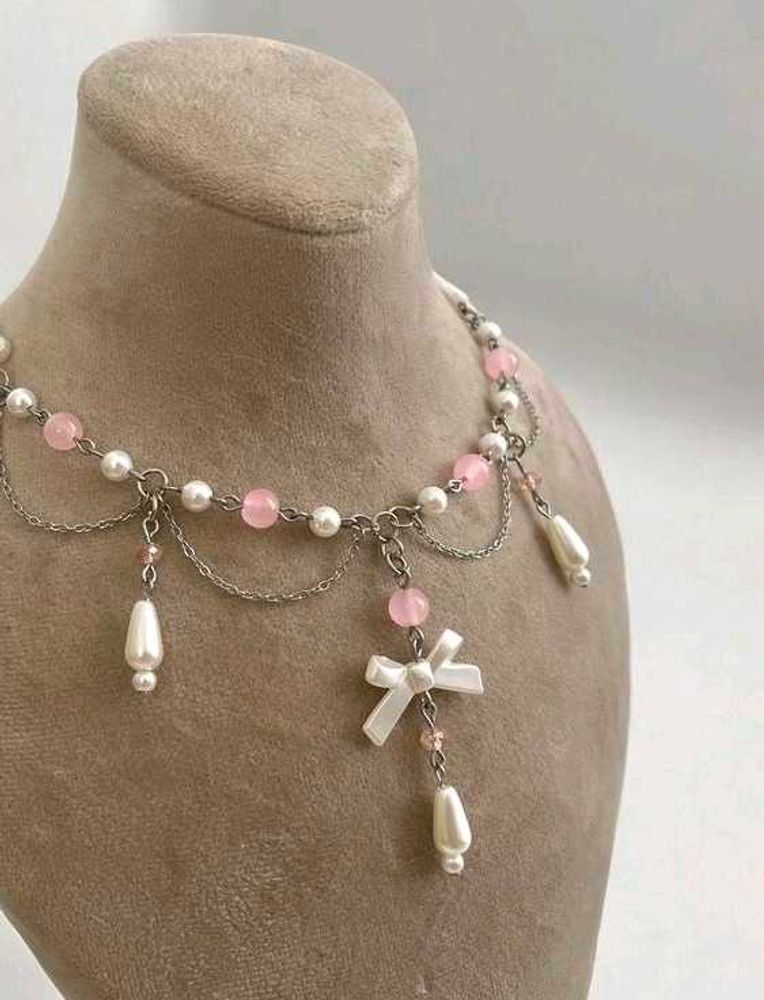 Pink Pearl Bow Choker