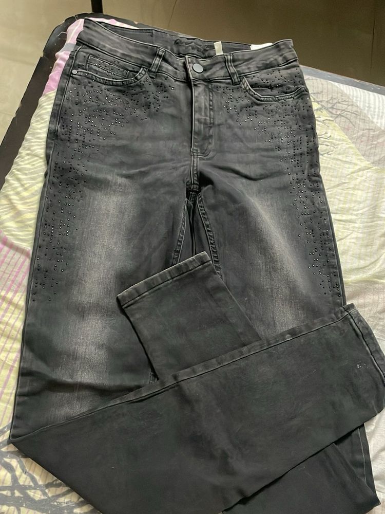 Gray Jeans with Rhinestone Detail