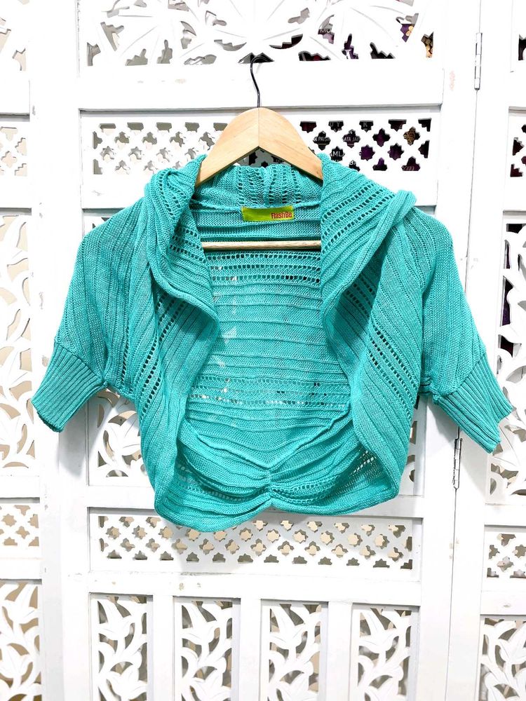 Stylish Torquise Hue Knitted Shrug By Flash Be C