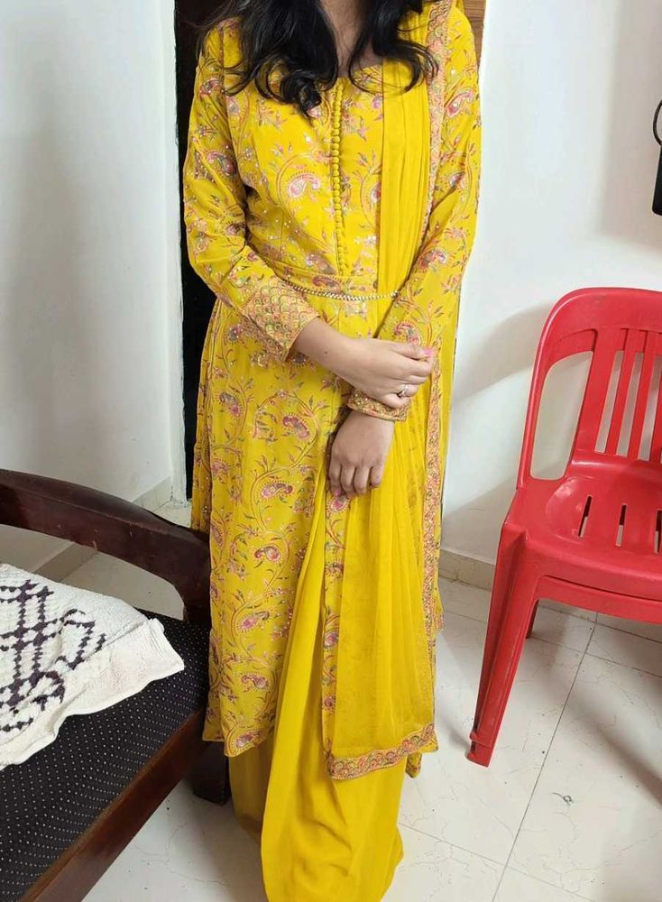 Elegant Mustard Yellow Floral Embroidered Anarkali