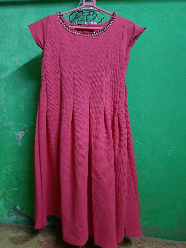 Coral Dress with Beaded Neckline