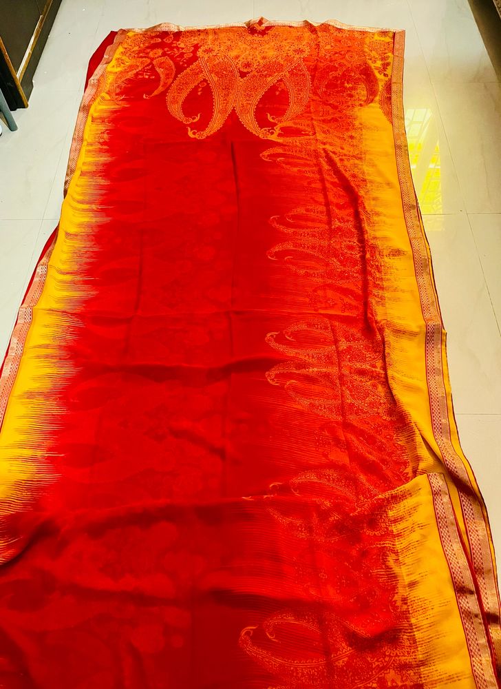 Orange Col Chiffon Saree With Golden Border