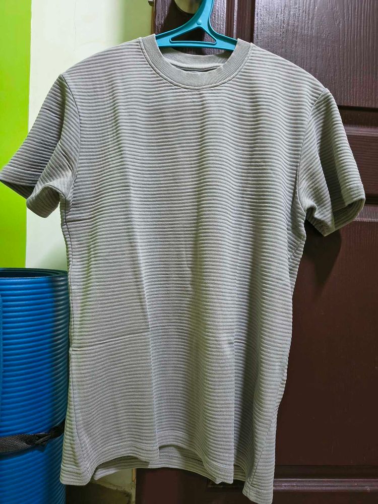 MAX Grey Self-Striped 100% Cotton T-Shirt