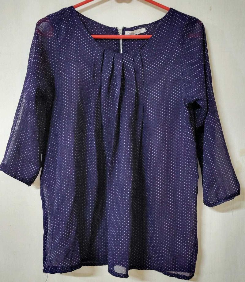 Navy Front Pleated Polka Dot Top