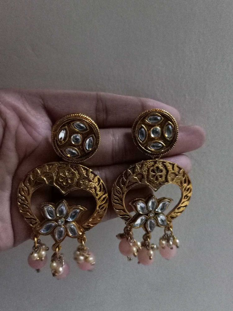 Golden Lotus Pink Beads Earings