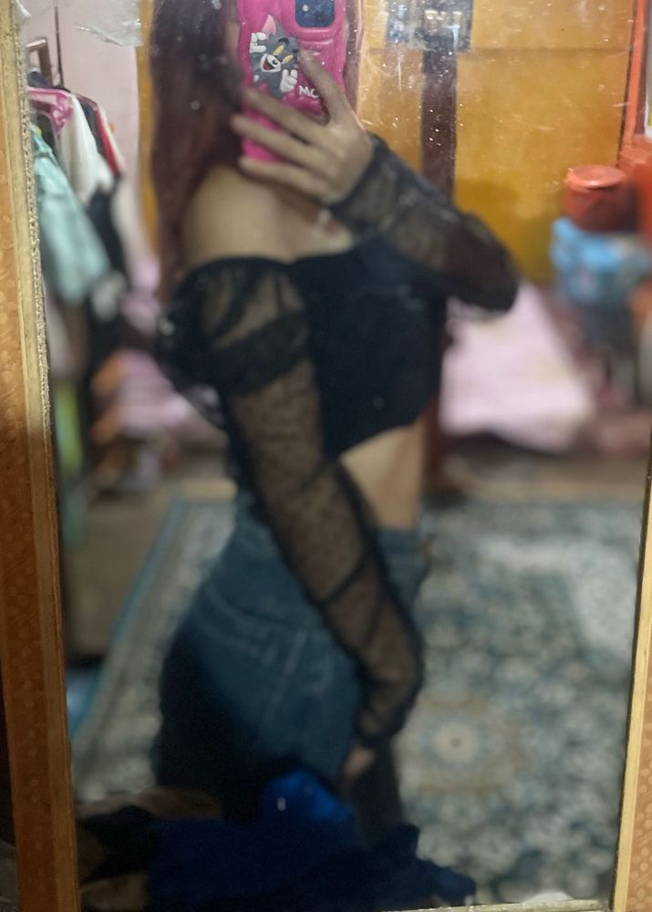 Black Shein Puff   Mesh Top