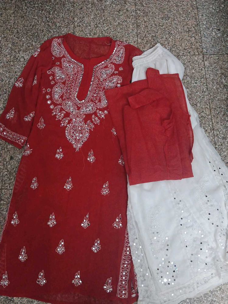 Red Embroidered Kurta Set