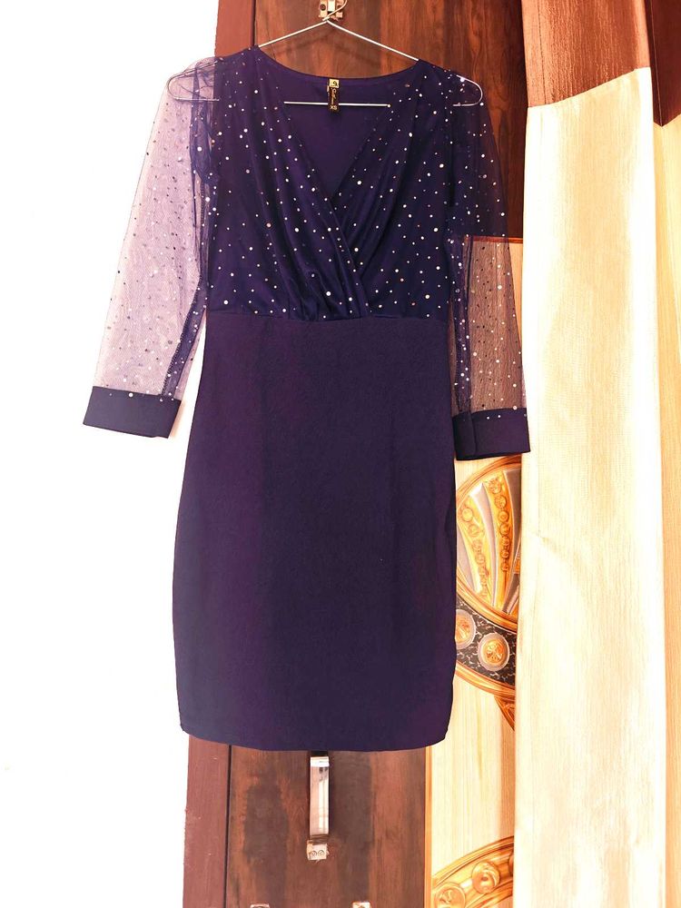 Elegant Navy Dress with Sheer Sleeves