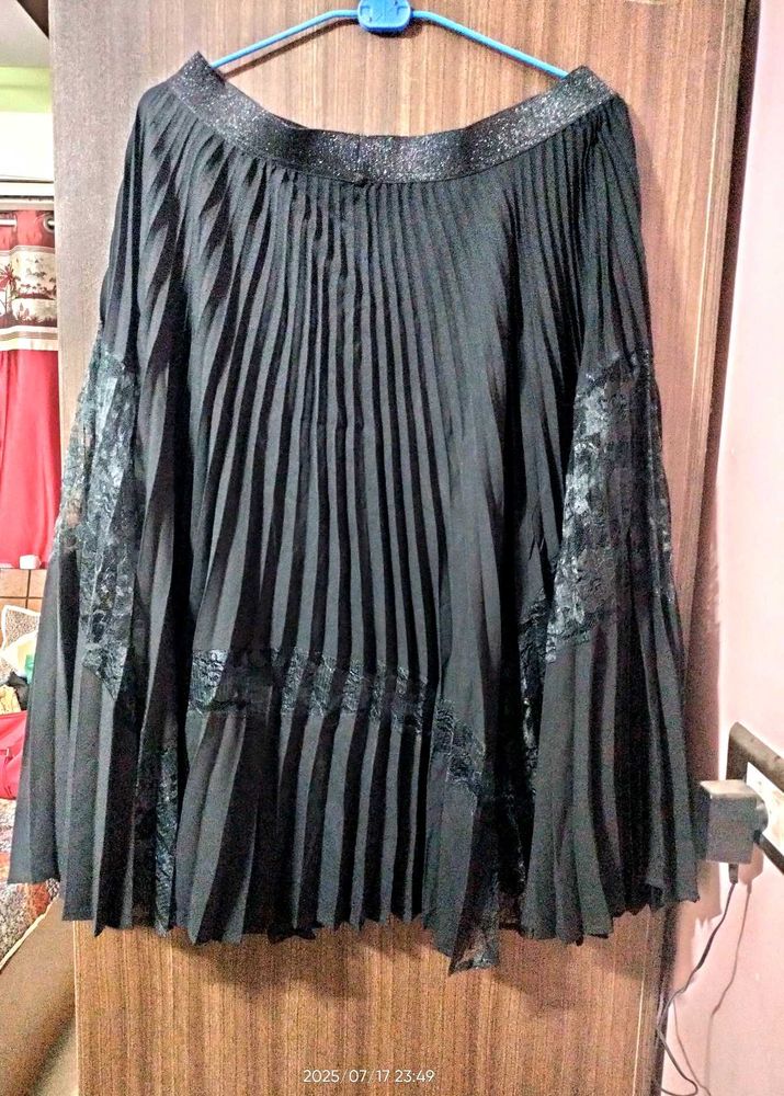 Black Pleated Skirt with Lace Detail