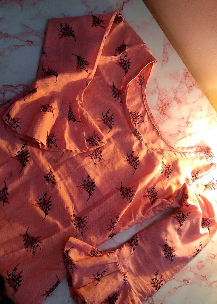 Peach Floral Print Ruffle Sleeve Dress
