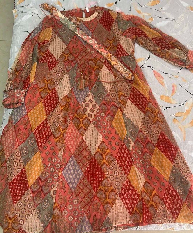 Patchwork Print Kurta With Belt