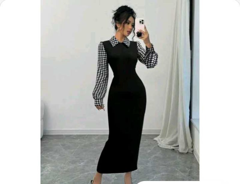 Chic Houndstooth Sleeve Midi Dress