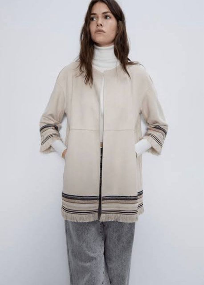 Zara Fringed Trim Longline Suede Coat