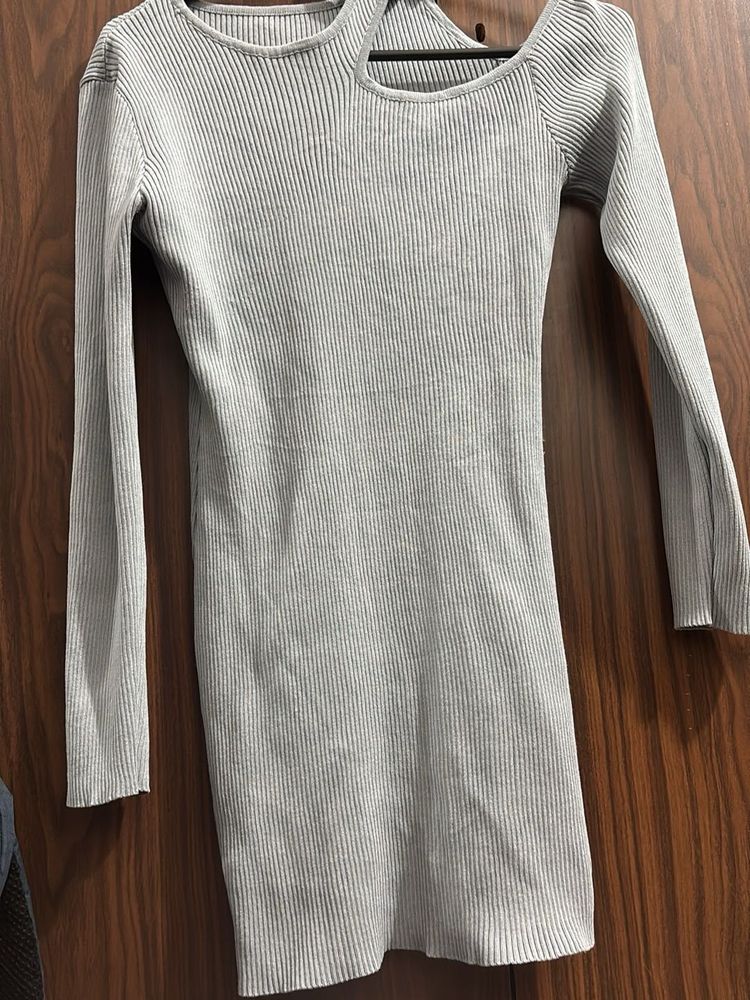 Gray Ribbed Cutout Dress