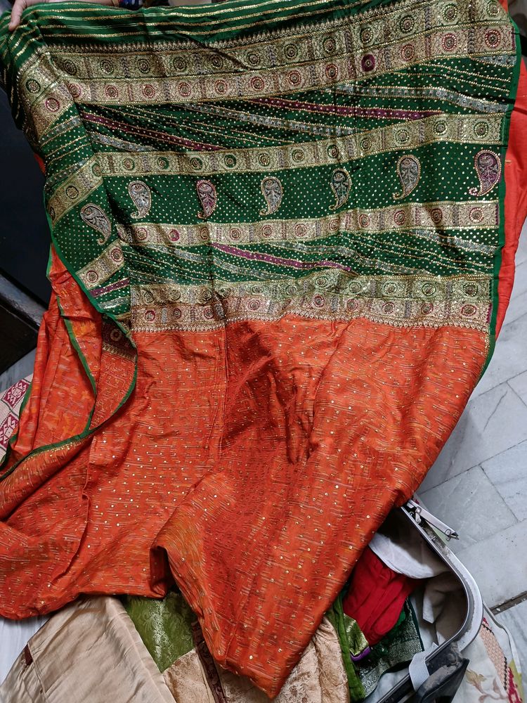Elegant Orange And Green Saree