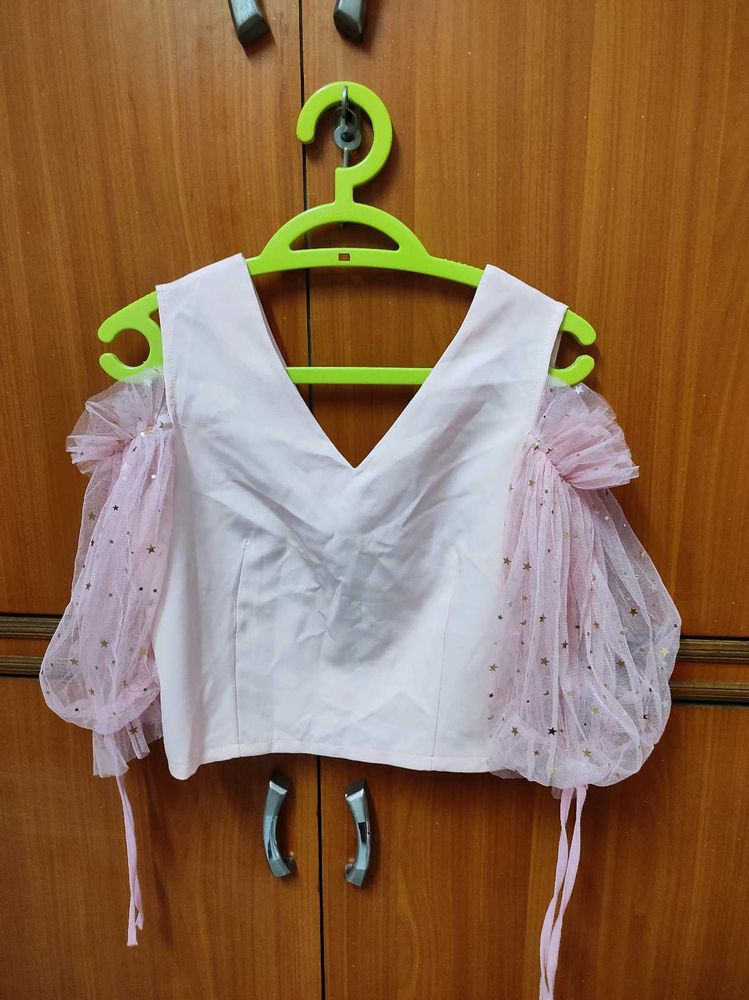 Pink Starry Mesh Sleeves Top