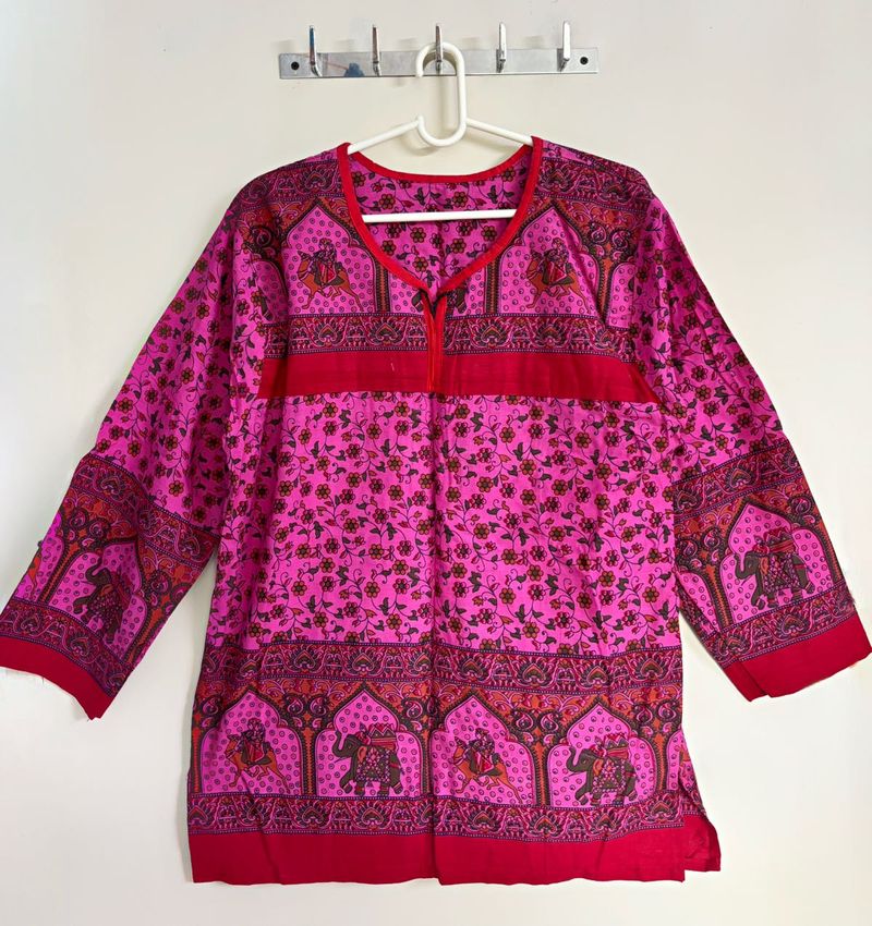 Vibrant Pink Printed Cotton Kurti