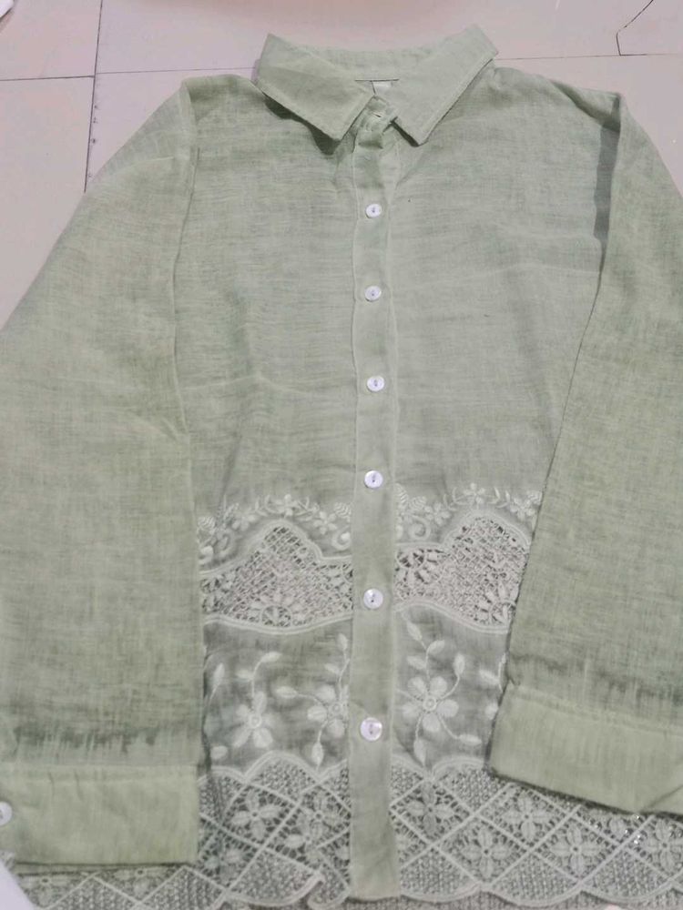 Green Lace Detail Button-Down
