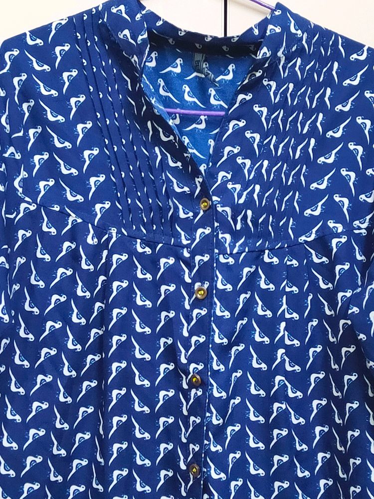 Blue Bird Printed Top and Mandarin Collar