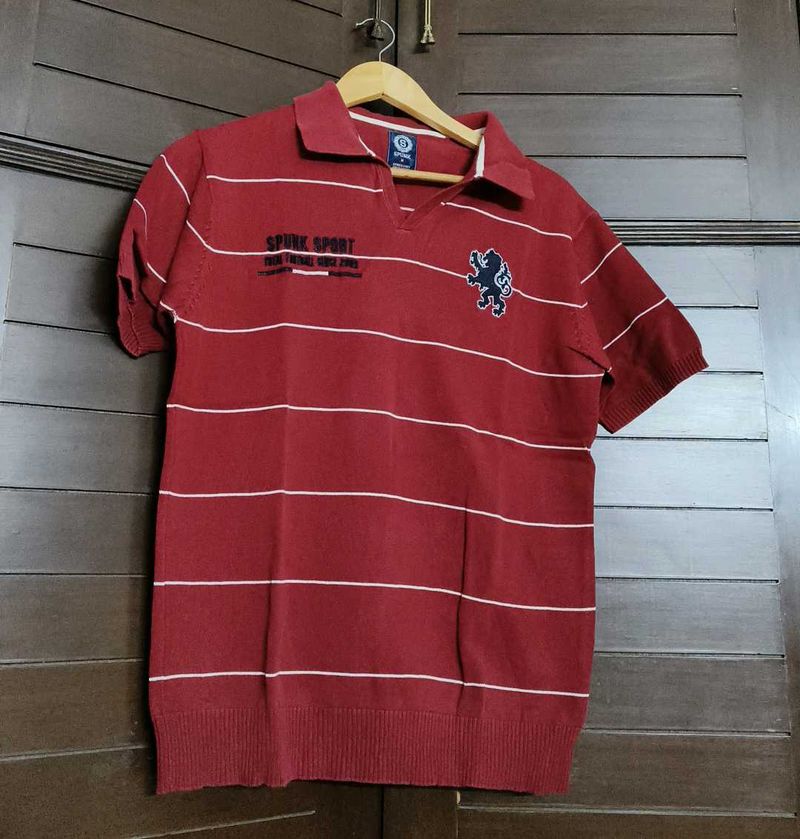 Spunk Men Red Striped Cotton Polo Tshirt