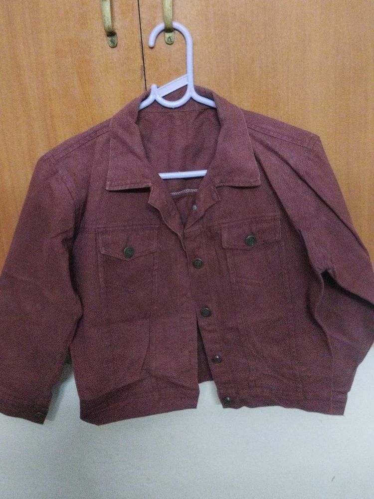 Maroon Cropped Denim Jacket