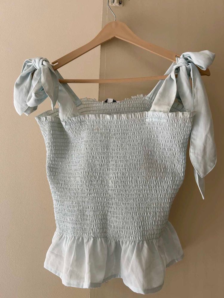 Blue Tie-Strap Smocked Top