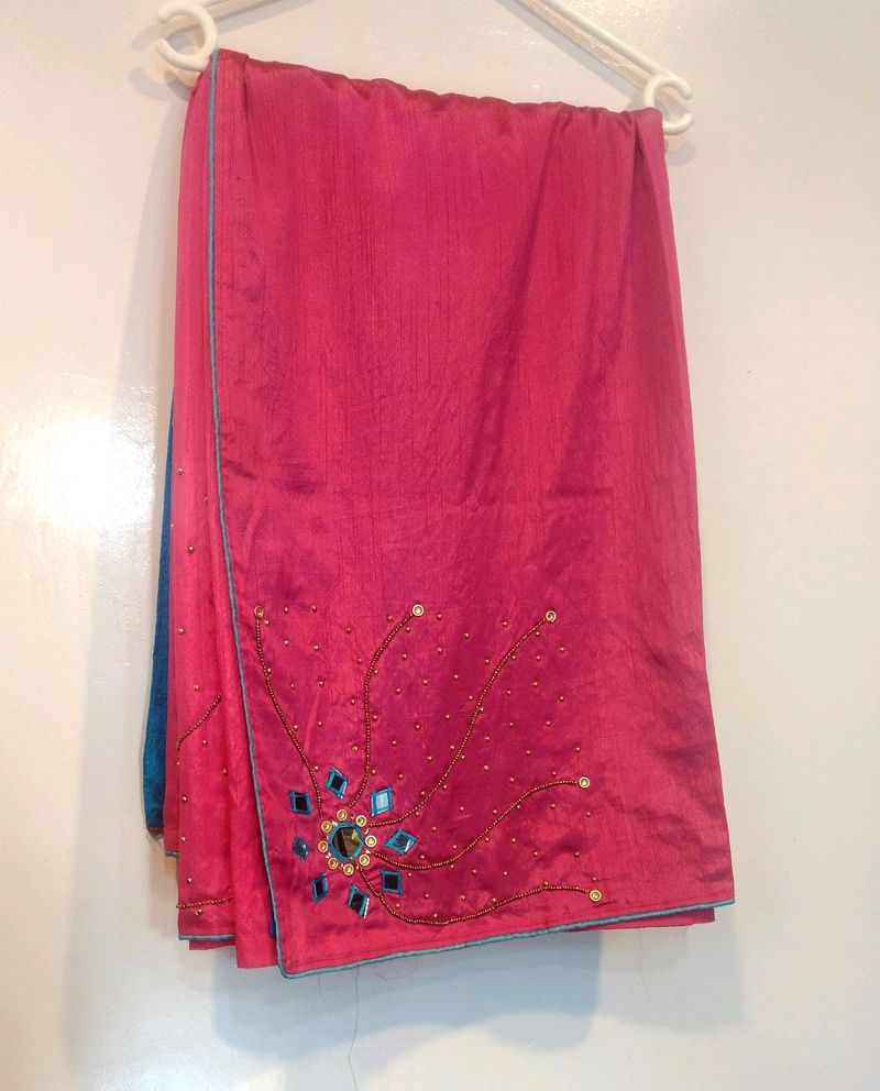 Pink Mirror Work Saree With Unstitched Blouse