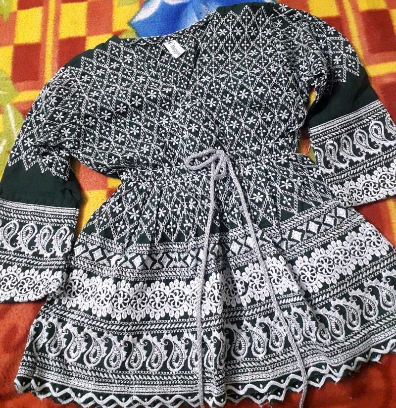 Embroidered green short kurti