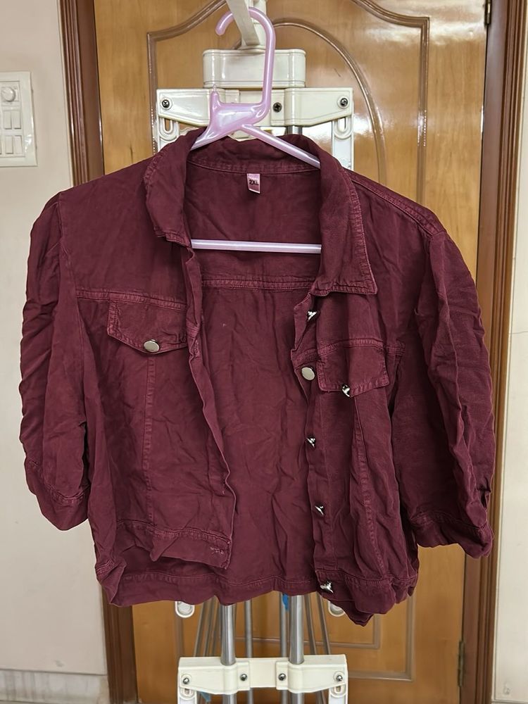 Maroon Cropped Denim Jacket