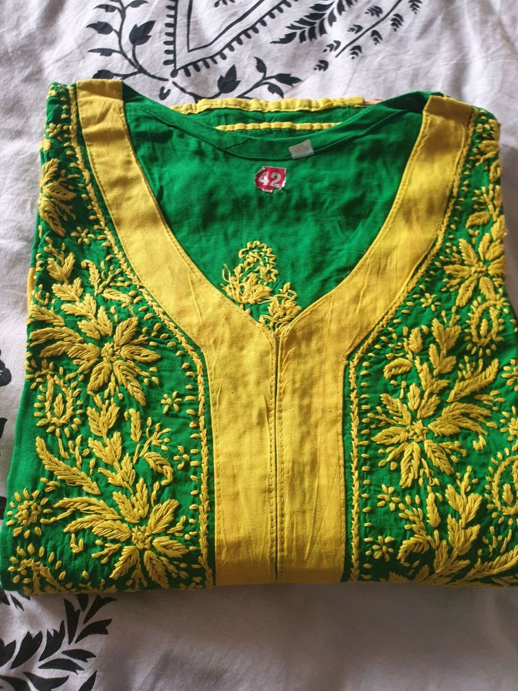 Beautiful green yellow  cotton kurti wth pakistani embroidery