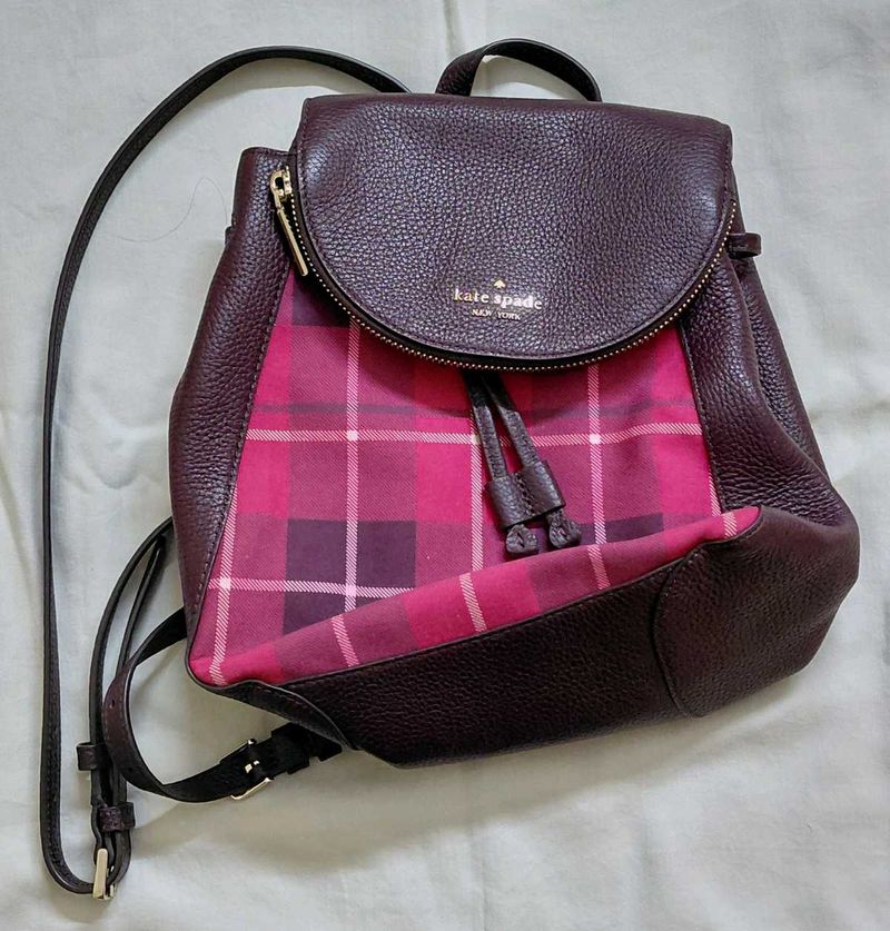 Kate Spade Burgundy Plaid Flap Backpack