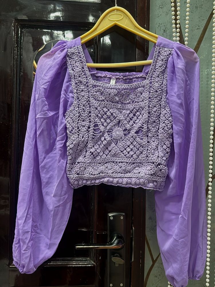 Crochet Detail Puff Sleeve Top