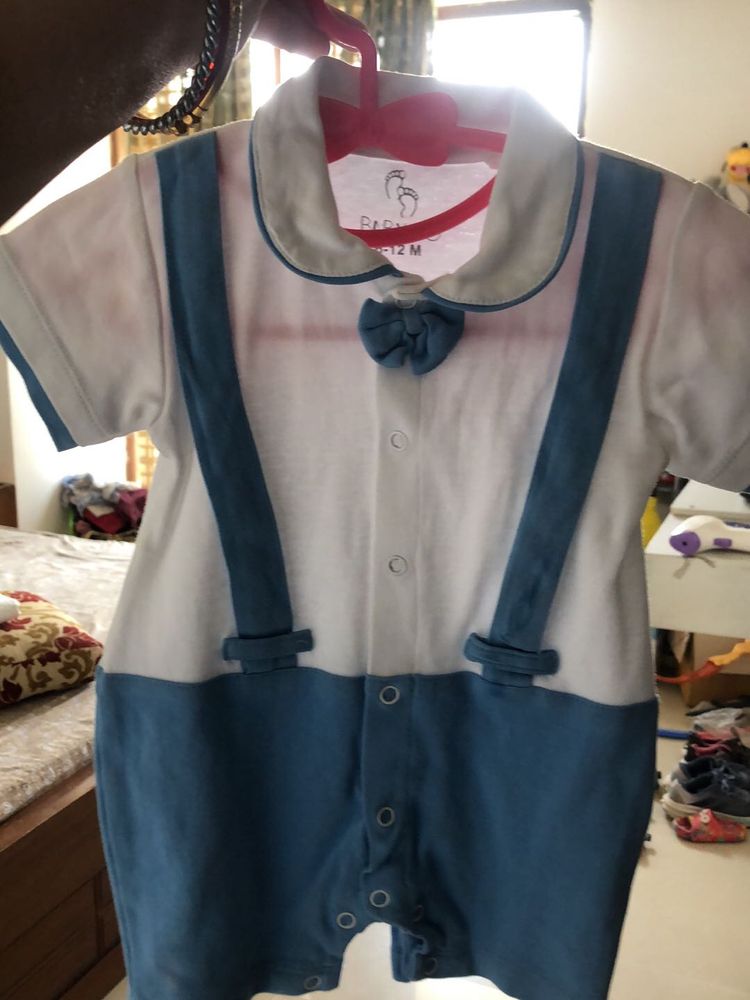 Baby Romper with Bowtie and Suspender Detail