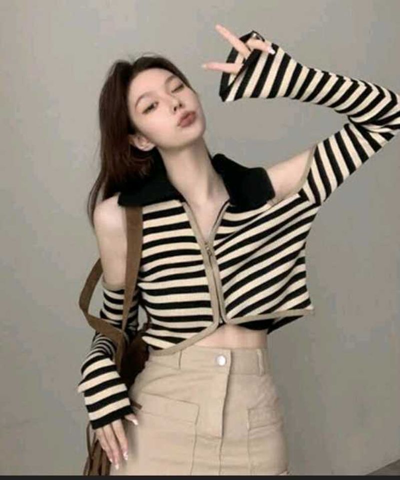 Knit Crop Top Off Shoulder Striped