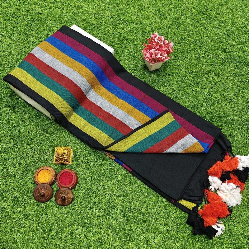 Rainbow Black Khadi Cotton Saree