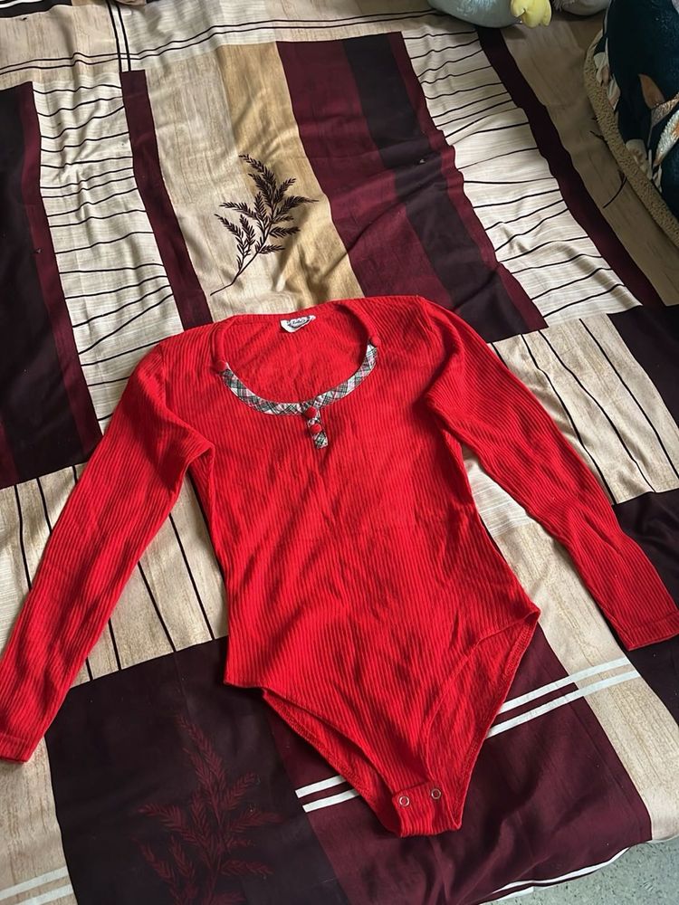 Red Ribbed Bodysuit