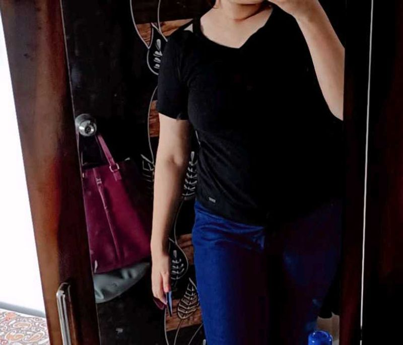 Black V-Neck Tie Detail Top