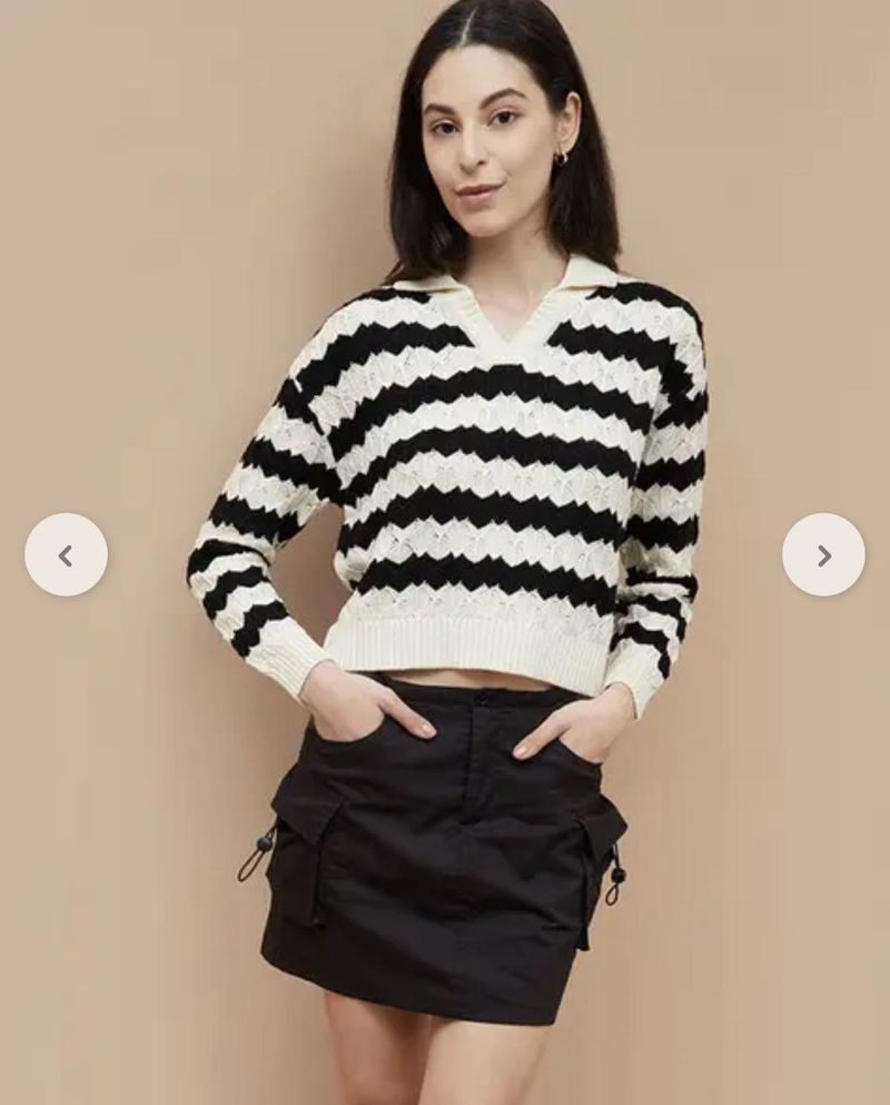 White and Black Striped Knit Crop Sweater