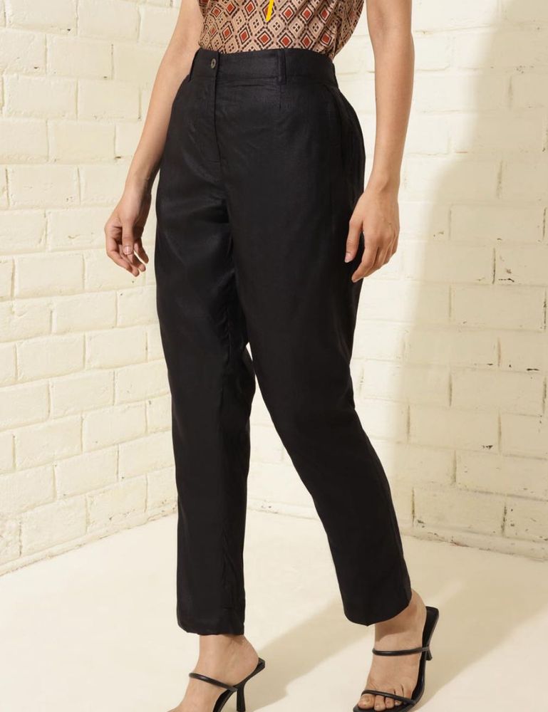 Elegant Black Satin-Finish Tapered Trousers