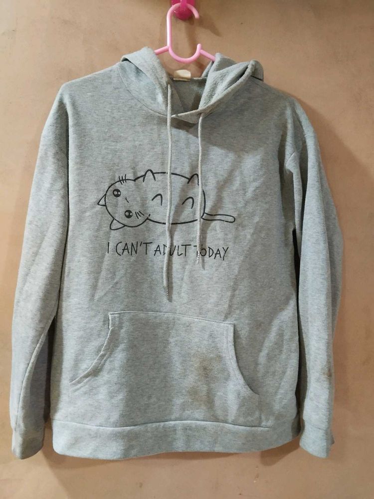 Cute Cat Graphic Hoodie - Gray