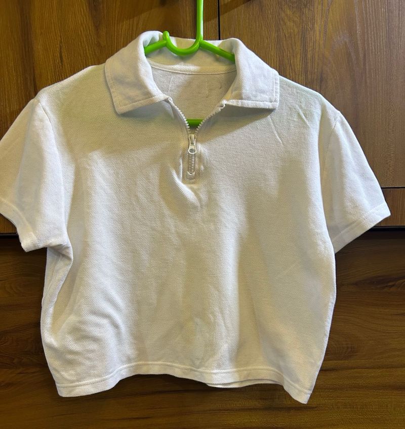 White Cropped Zip-Up Polo top