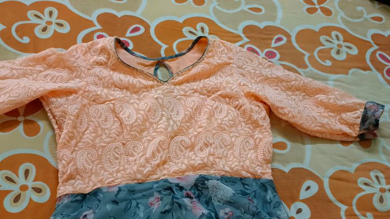 Peach Embroidered Dress with Floral Skirt