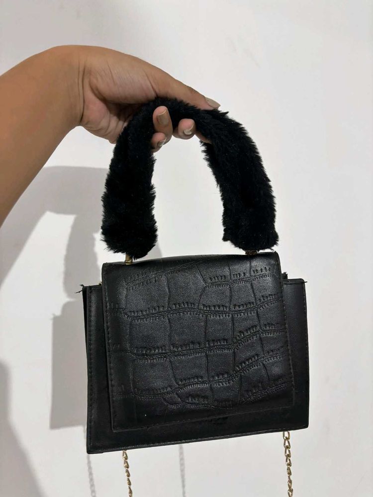Black Faux Croc Handbag
